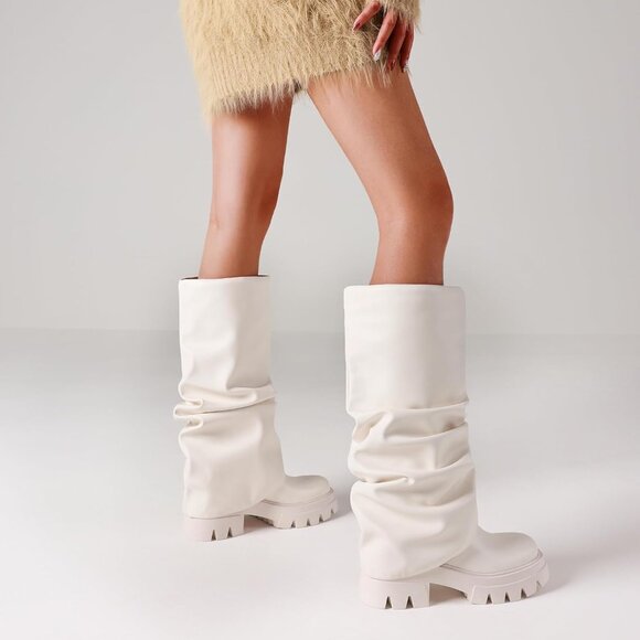 Women's White Fold Over Boots Slouchy Boots Wide Calf Pleated Platform Boots - Picture 7 of 7